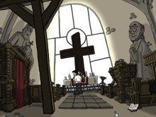 Unheilvoll erhebt sich das dunkle Holzkreuz in der Kapelle